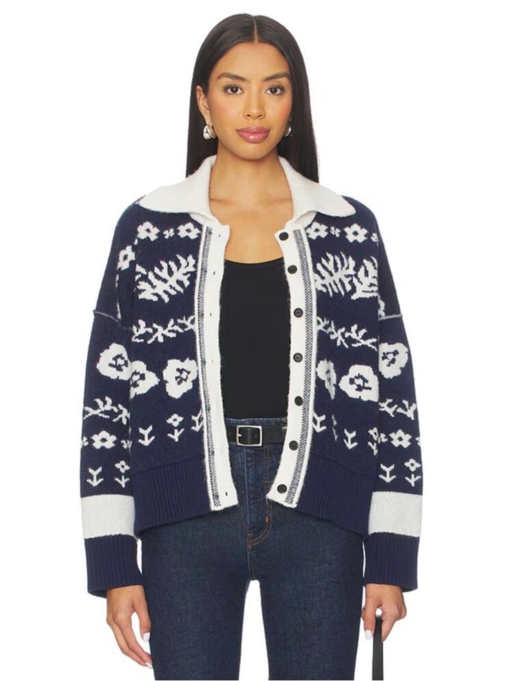 Free People Shelby Navy Floral Cozy Knit Cardigan
